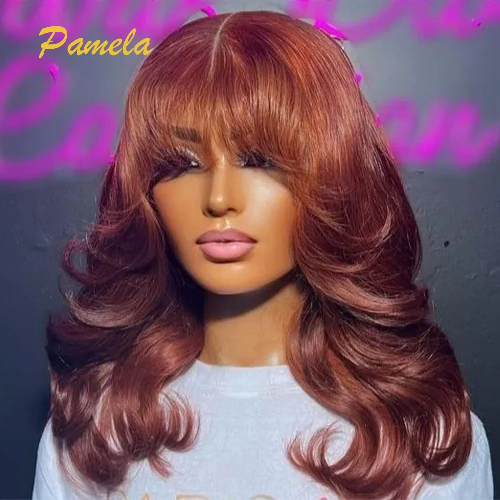 

Ginger Glueless Wig Human hair Ready To Go 250% Density Reddish Brwon Body Wave 1X3 HD Transparent Lace Frontal Wig With Bang