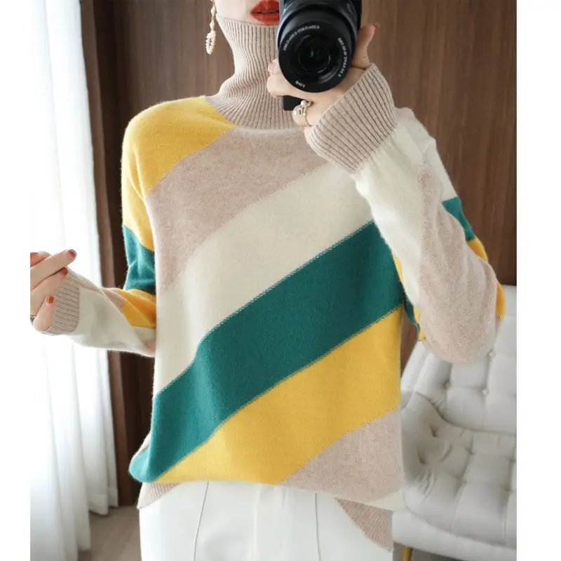 Knitted pullover female 2023 autumn and winter pile turtleneck contrasting sweater female slim long sleeve sweater pullover
Knitted pullover female 2023 autumn and winter pile turtleneck contrasting sweater female slim long sleeve sweater pullover