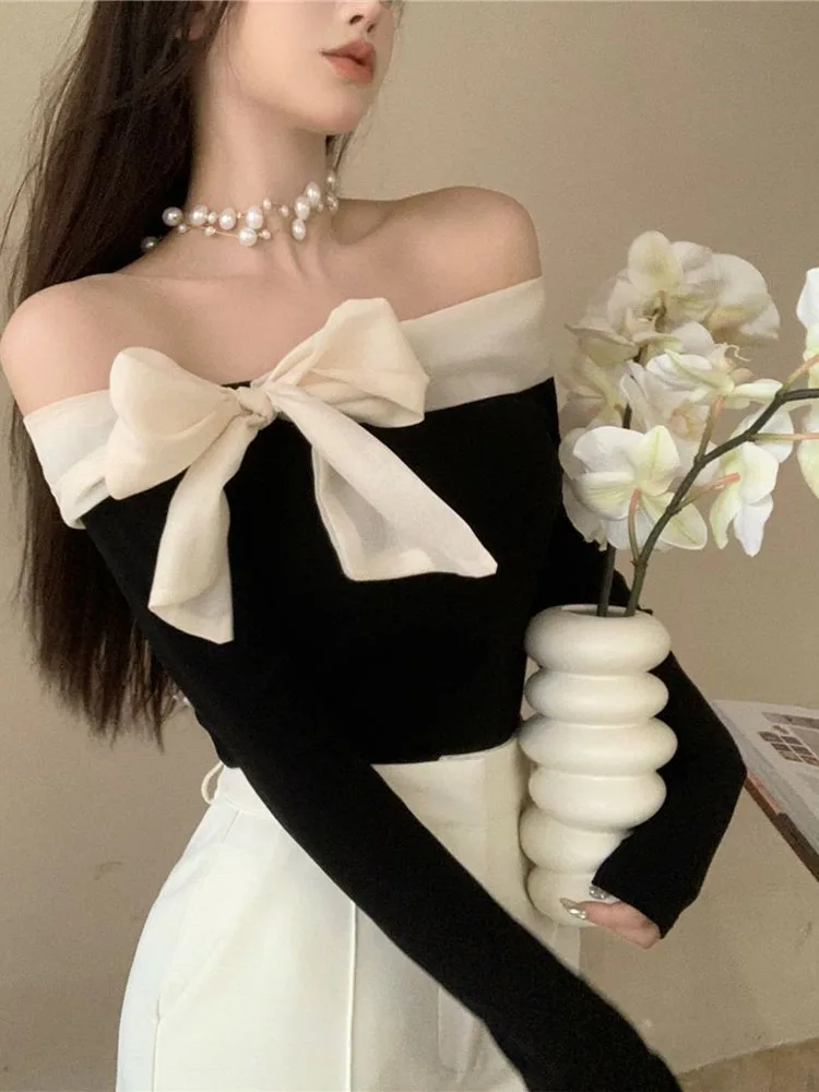 Sexy Off Shoulder T-shirt Women Bow Slash Neck Patchwork Top Female Long Sleeve Slim Tees Y2k Ladies French Style Elegant Tshirt 
Sexy Off Shoulder T-shirt Women Bow Slash Neck Patchwork Top Female Long Sleeve Slim Tees Y2k Ladies French Style Elegant Tshirt