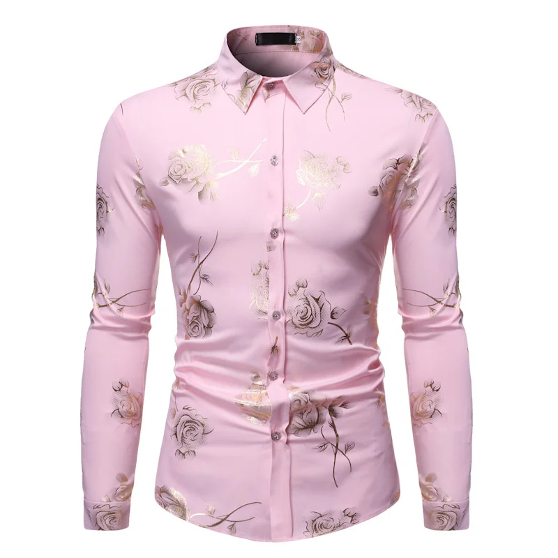 

Mens Hot Stamping Long Sleeve Pink Men Shirt Spring Fashion Casual Floral Shirt Male Button Up Shirt Oversized Social Boys Tops