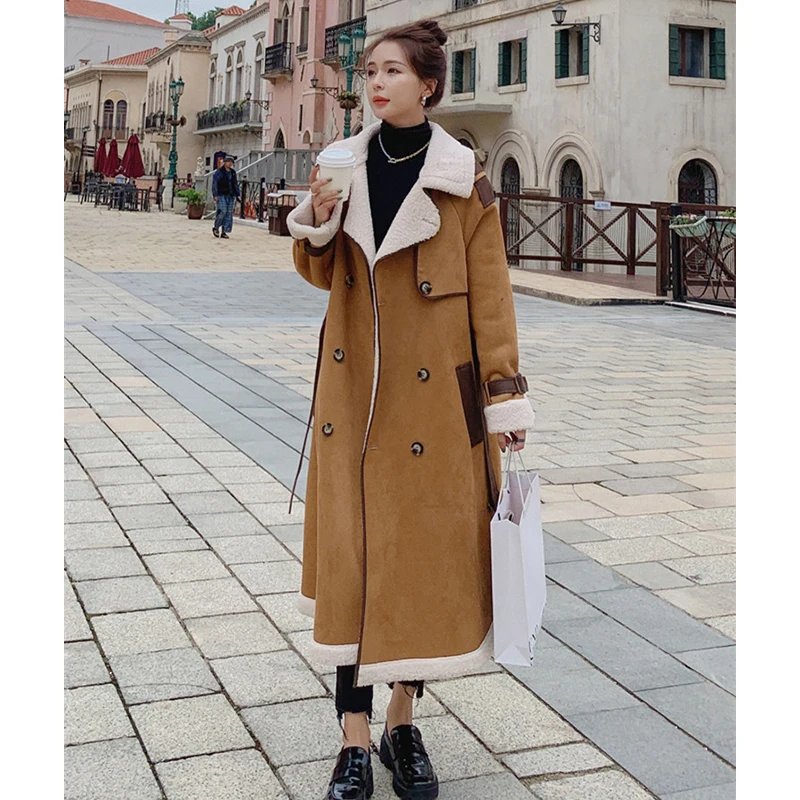 

Winter Cotton-padded Women's Mid-length 2022 New Korean Version Loose Waist Design Sense Lamb Wool Stitching Faux Deerskin Coat
