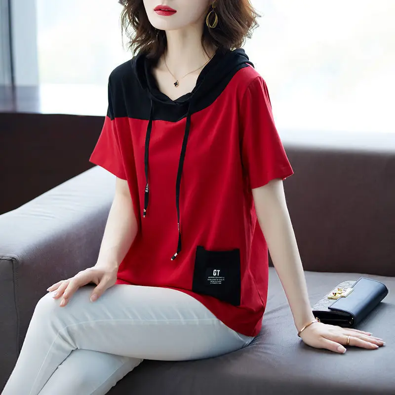 Summer Women's Fashion Contrasting Colors Spliced Hooded Tops Casual Loose Short Sleeve Chic Pockets T-shirt Female Clothing
Summer Women's Fashion Contrasting Colors Spliced Hooded Tops Casual Loose Short Sleeve Chic Pockets T-shirt Female Clothing