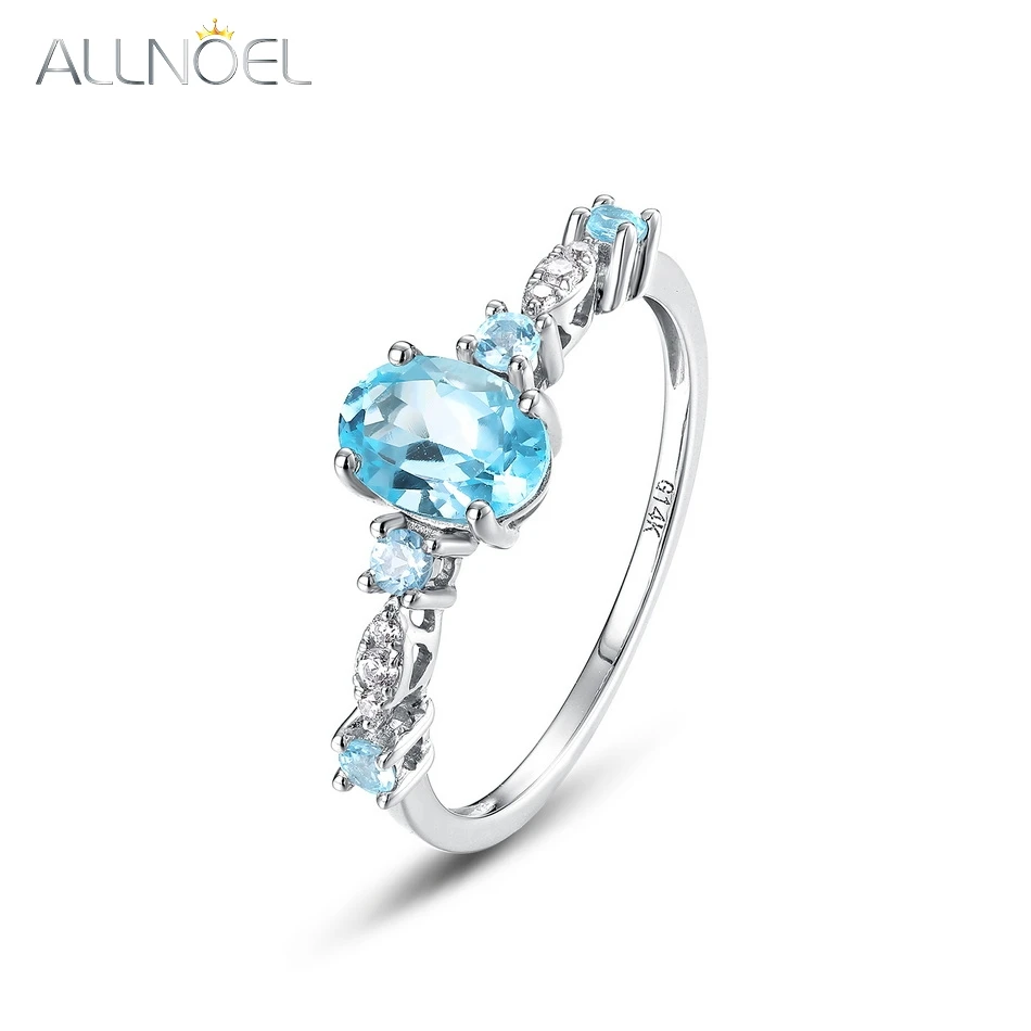 

ALLNOEL Genuine 14K 585 White Gold Rings For Women Natural 5*7mm Sky Blue Topaz Trendy Anniversary Gifts Fine Jewelry Handmade