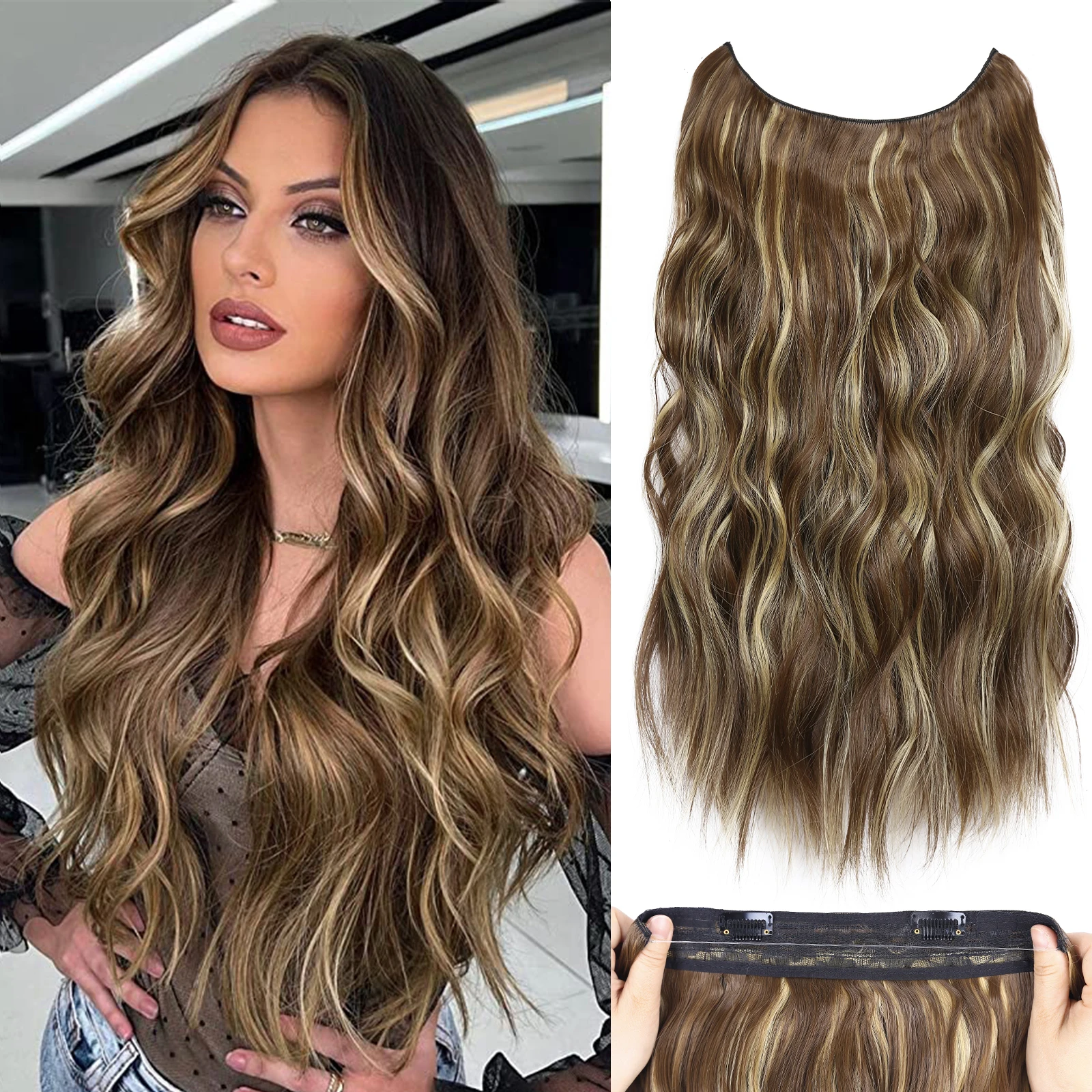 

2Clips Natural Fish Line Layered Hairpiece Synthetic Hair Extensions 20Inch Long Wavy False Hair Piece Wire Hair Extensions