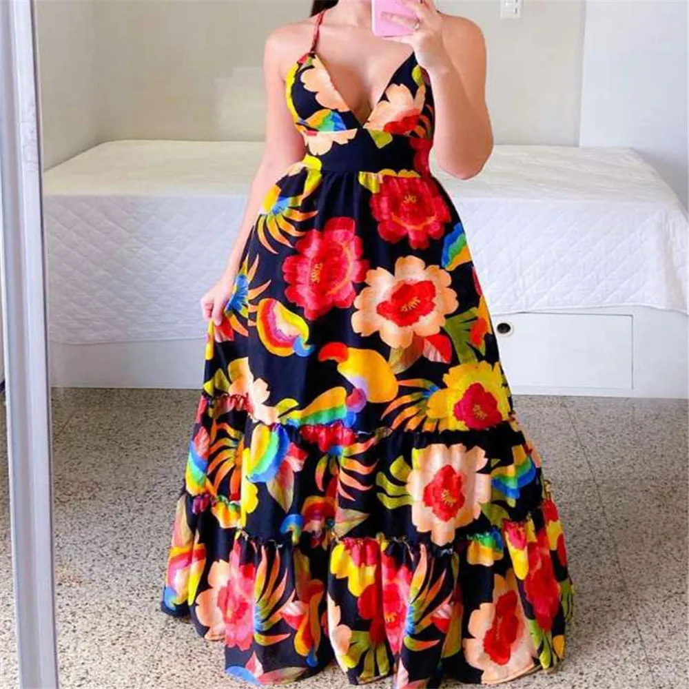Suspender Floral Maxi Dress Sexy V-neck Backless Dress Bohemian A-line Swing Beach Sundress Summer 2022 New
Suspender Floral Maxi Dress Sexy V-neck Backless Dress Bohemian A-line Swing Beach Sundress Summer 2022 New