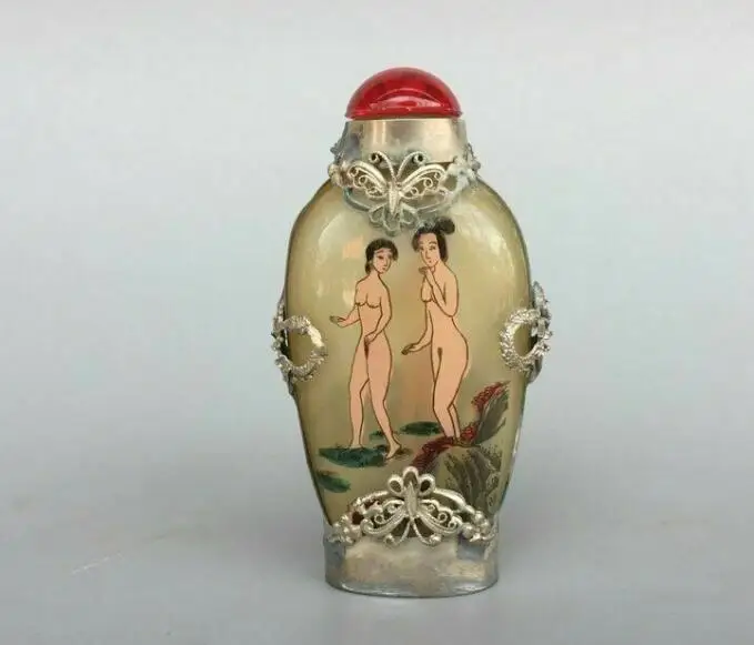 Китайский Старый Пекин стеклянная Встроенная картина тибетская Серебряная инкрустированная табак бутылка 
Китайский Старый Пекин стеклянная Встроенная картина тибетская Серебряная инкрустированная табак бутылка