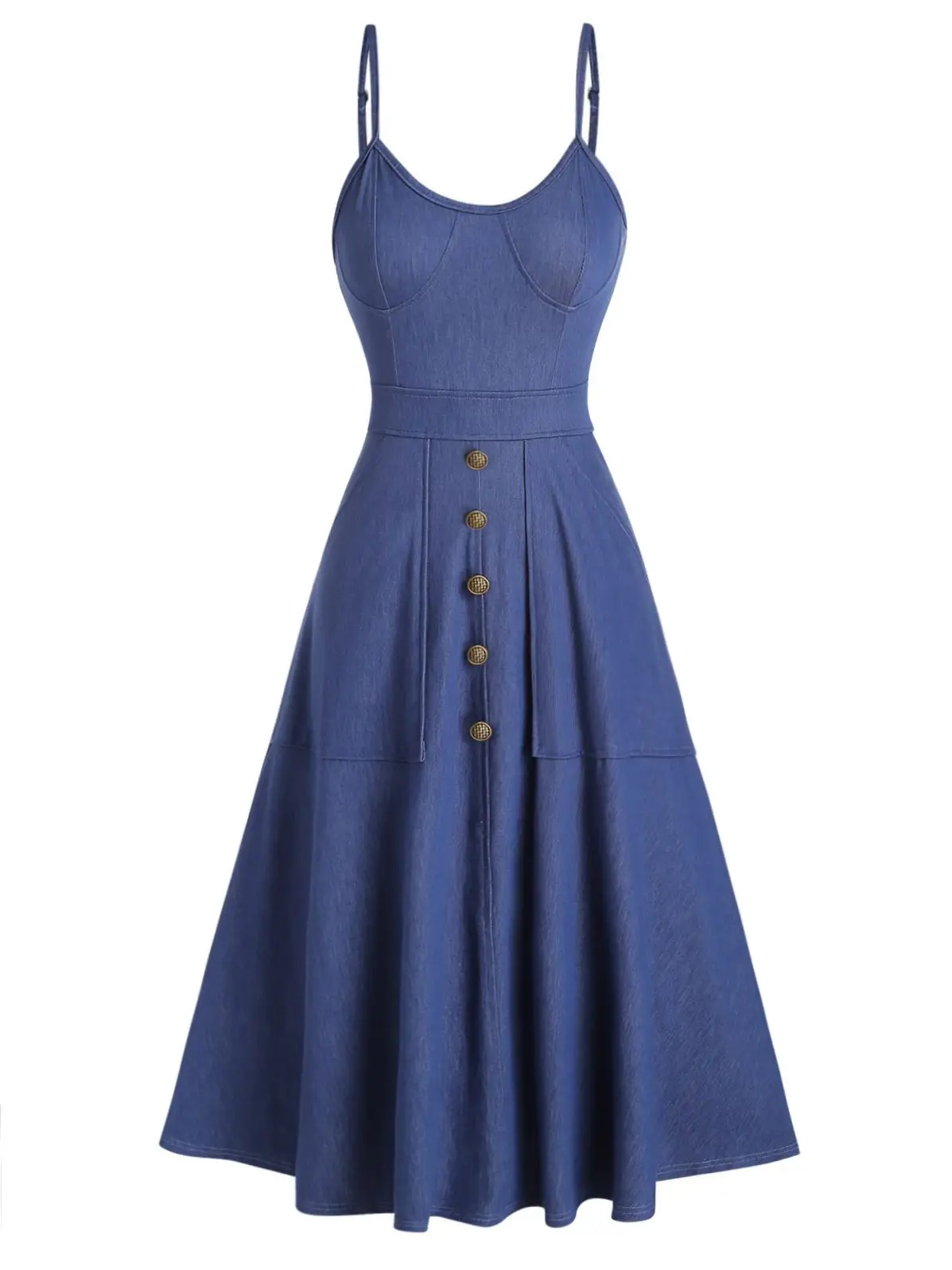 

Dressfo Casual Dress Solid Color Mock Button Pockets Sleeveless Sundress Summer High Waist A Line Midi Knitted Denim Dress