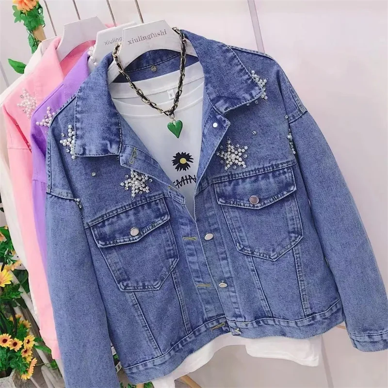 Куртка женская джинсовая с жемчугом, свободная повседневная короткая верхняя одежда, весна 2023 
Куртка женская джинсовая с жемчугом, свободная повседневная короткая верхняя одежда, весна 2023