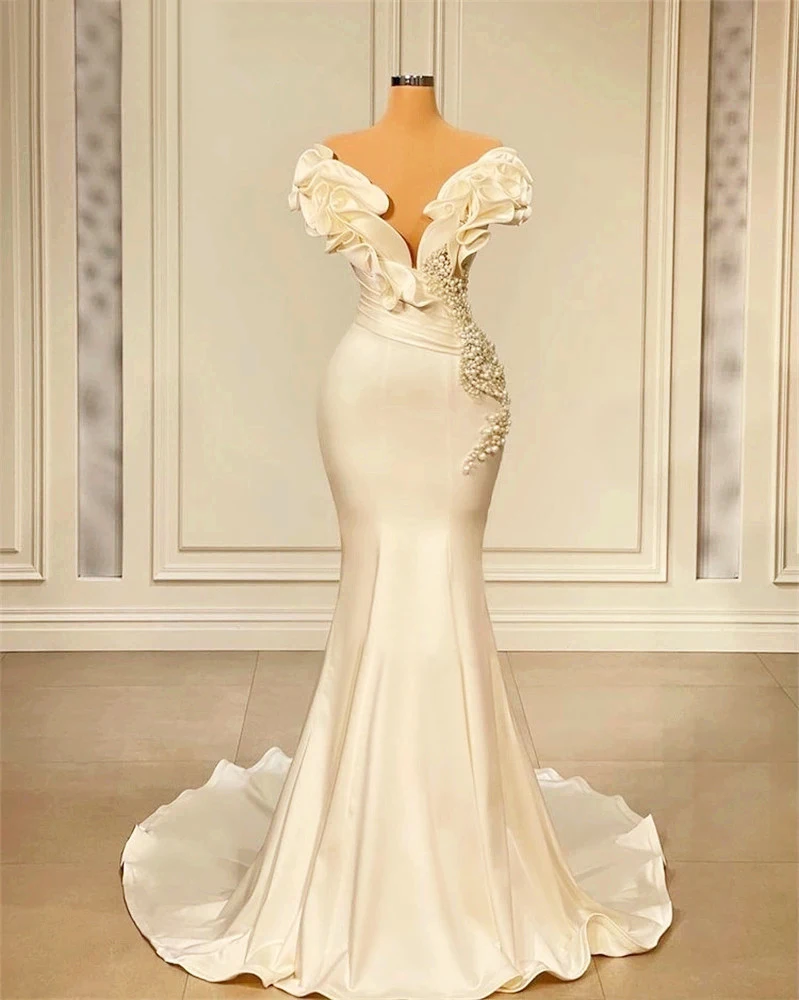 

Elegant Ivory Wedding Dress Deep V Neck Mermaid Pearls Bridal Gowns Custom Made For Women Reception Wedding Gowns Robes