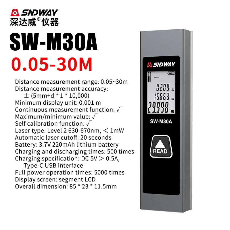 SNDWAY Мини умный лазерный дальномер 30м
SNDWAY Мини умный лазерный дальномер 30м