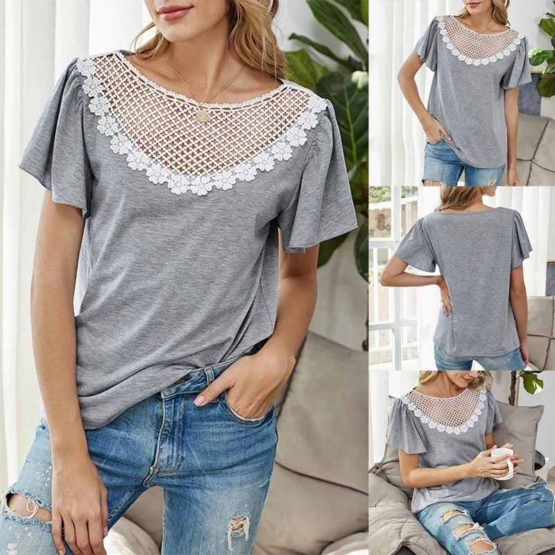 Round Neck Hollow Out Lace Patchwork Loose T-Shirt Women Summer Home Style Butterfly Sleeve Female Casual T-Shirt
Round Neck Hollow Out Lace Patchwork Loose T-Shirt Women Summer Home Style Butterfly Sleeve Female Casual T-Shirt