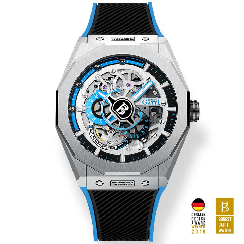 

BONEST GATTI Men Automatic Watch Luxury Mechanical Wristwatch Skeleton 50M Waterproof Luminous Sapphire 42 Hours Power Reserve