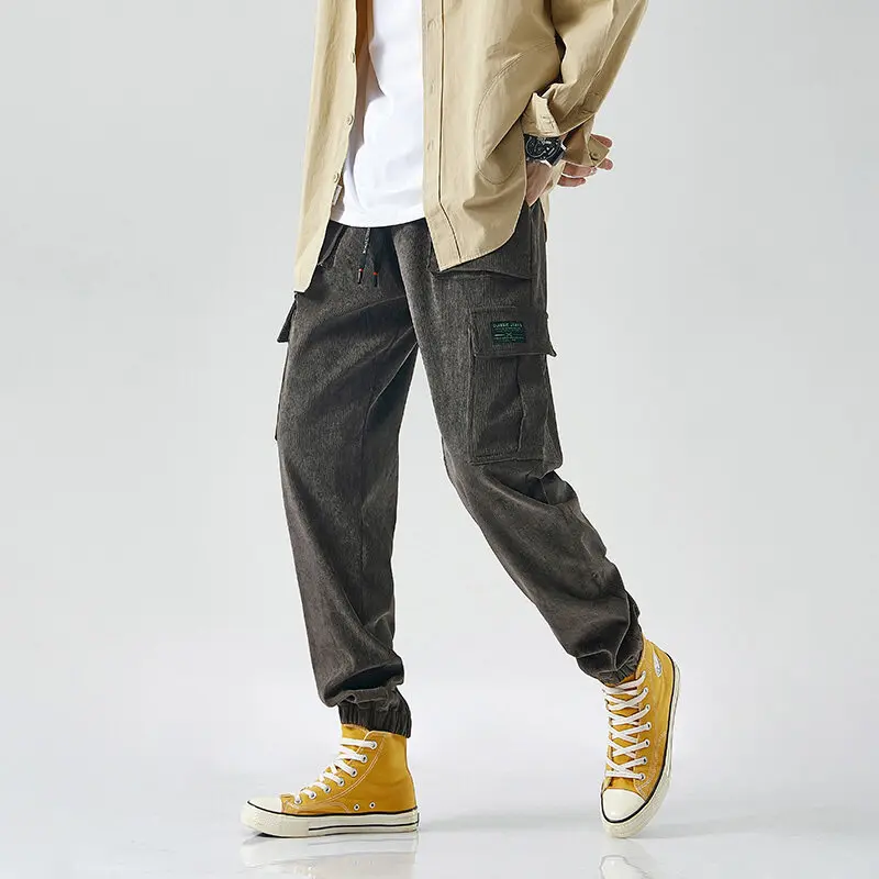 Брюки 2022, модные мужские брюки для бега на завязках сбоку, мужские брюки-карго, корейские спортивные брюки, черные мужские повседневные вель...