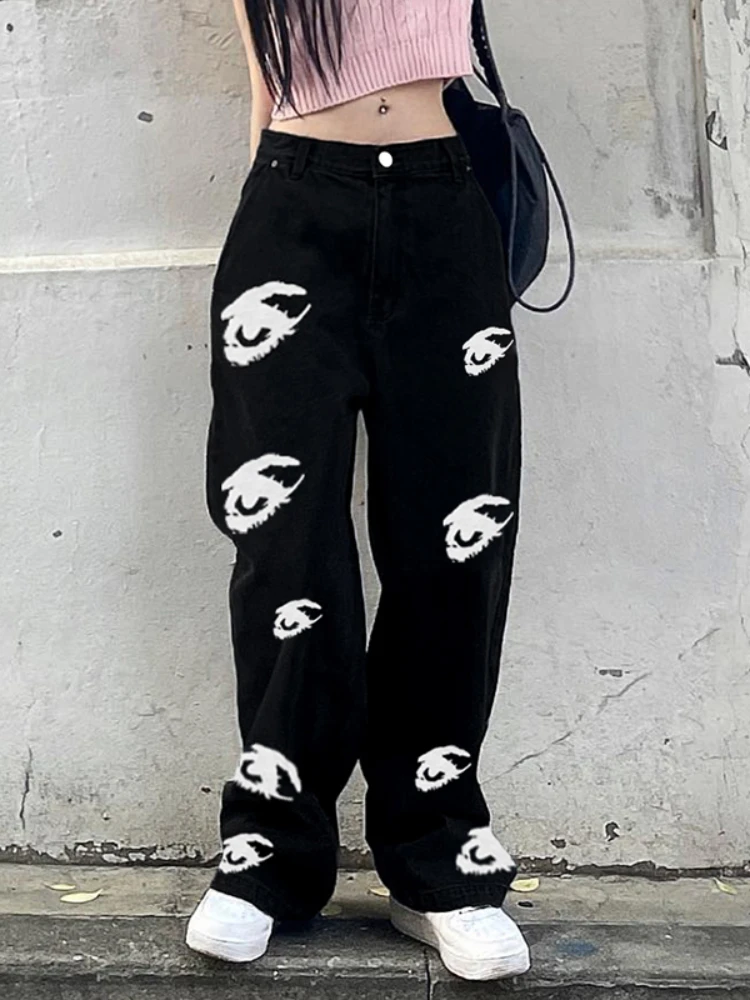 

Уличная одежда WeiYao Y2K, черные мешковатые джинсы с белыми глазами и принтом, прямые джинсовые брюки, готические брюки с низкой посадкой в стиле хиппи для женщин
