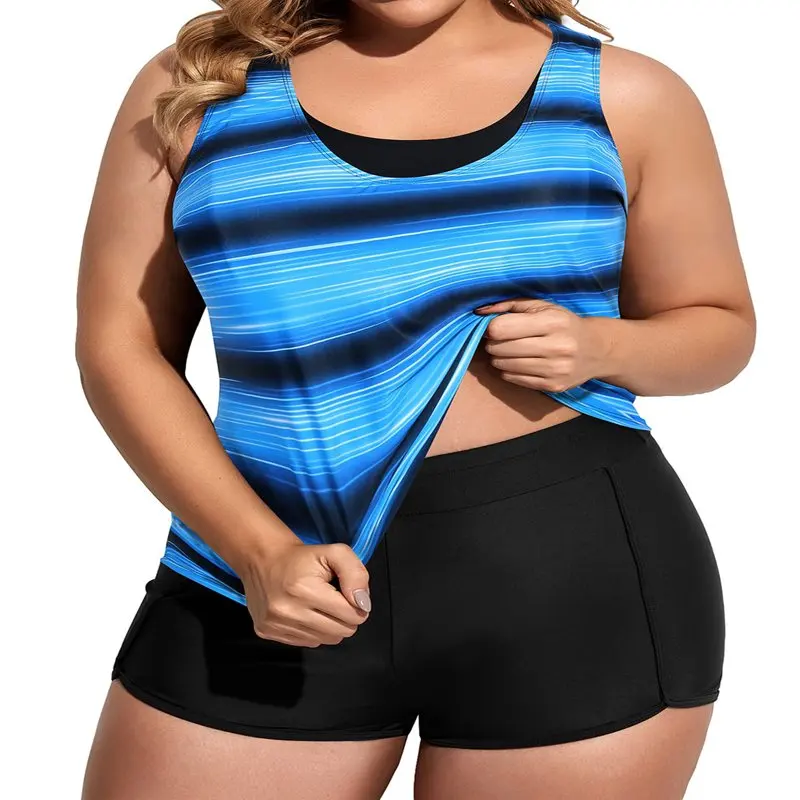 

Womens Plus Size 3 Pieces Swimsuits Cropped Tankini Bathing Suits with Cover-up Printed Athletic Swimwear