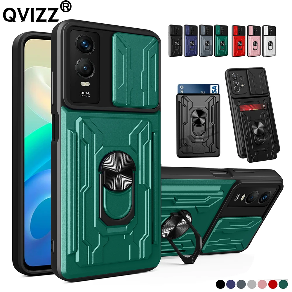 

Slide Camera Case for vivo Y76s Y 76s Car Magnetic Ring Holder Card Slot Pocket Luxury Shockproof Phone Cover vivoY76s V2156A