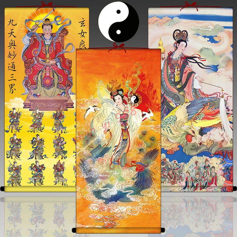 

A portrait of the Taoist goddess of the nine heavens, Exquisite religious Feng Shui silk scroll decorative painting
