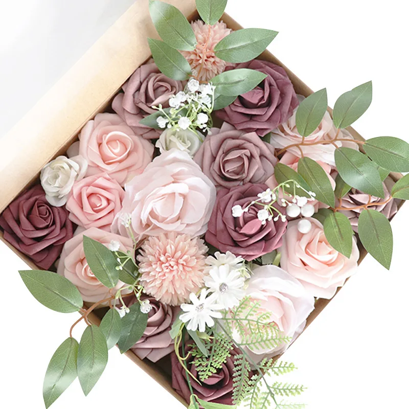 

Розовые Искусственные Шелковые цветы в коробке, свадебные букеты роз для невесты, свадебные цветы, Подарочная коробка, букет «сделай сам», украшение для дома