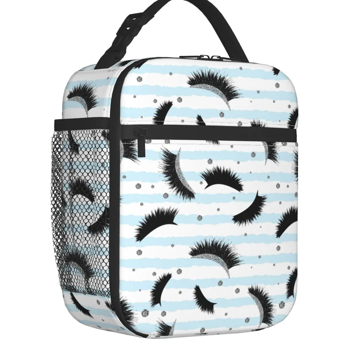 

Eyelash Eyes Thermal Insulated Lunch Bags Silver Lashes Seamless Blue Stripes Portable Lunch Tote for Kid Multifunction Food Box