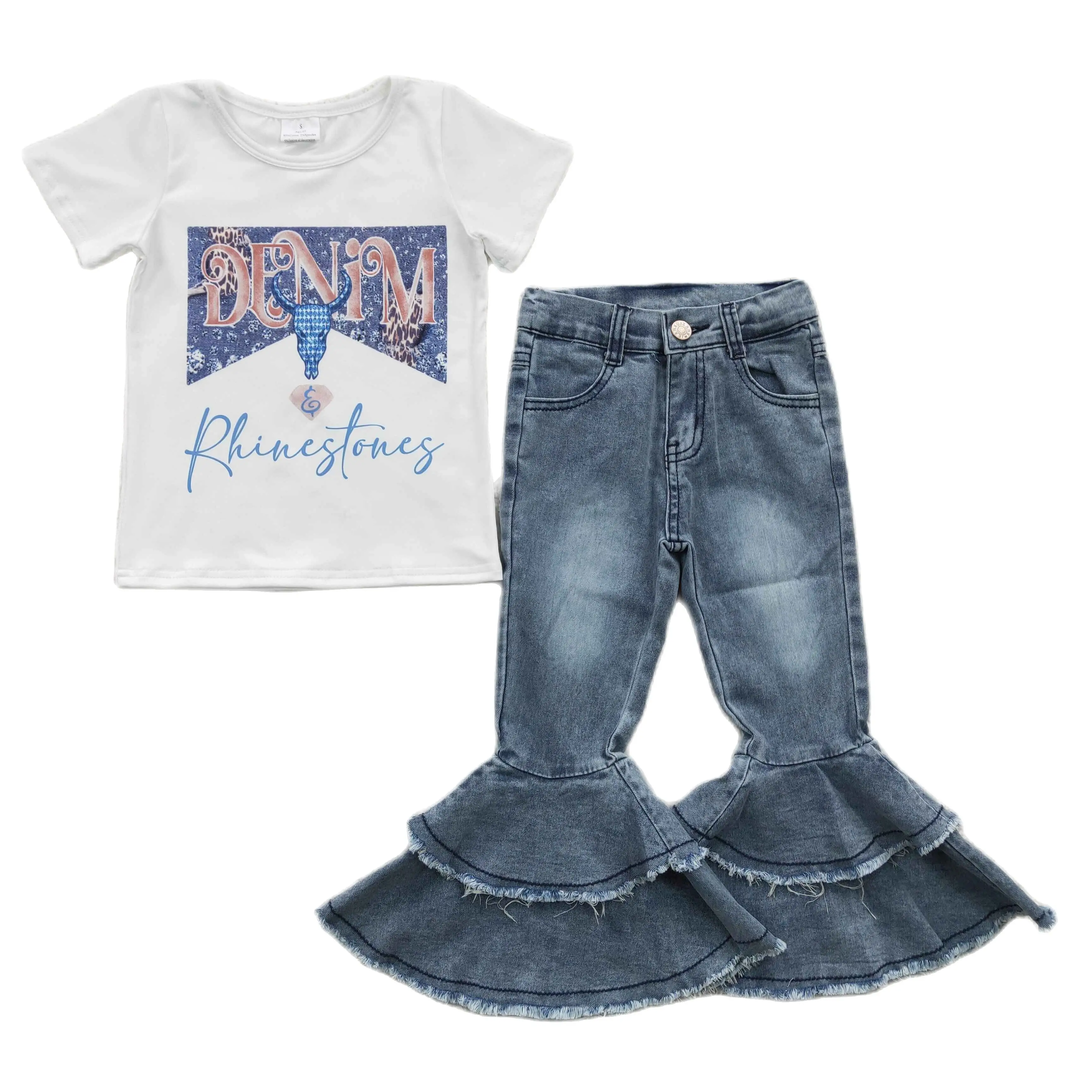 Kids Girls Summer T-Shirts Jeans Sets Children Spring Boutique Denim Bell Bottoms Pants Outfits 2pcs Trendy Casual Suits
Kids Girls Summer T-Shirts Jeans Sets Children Spring Boutique Denim Bell Bottoms Pants Outfits 2pcs Trendy Casual Suits