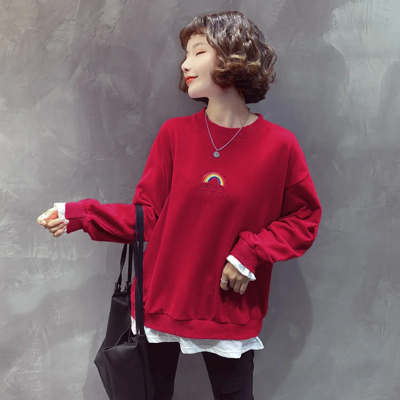 Four models make false two rainbow embroidery letters turtleneck collar fleece female han edition dress loose
Four models make false two rainbow embroidery letters turtleneck collar fleece female han edition dress loose