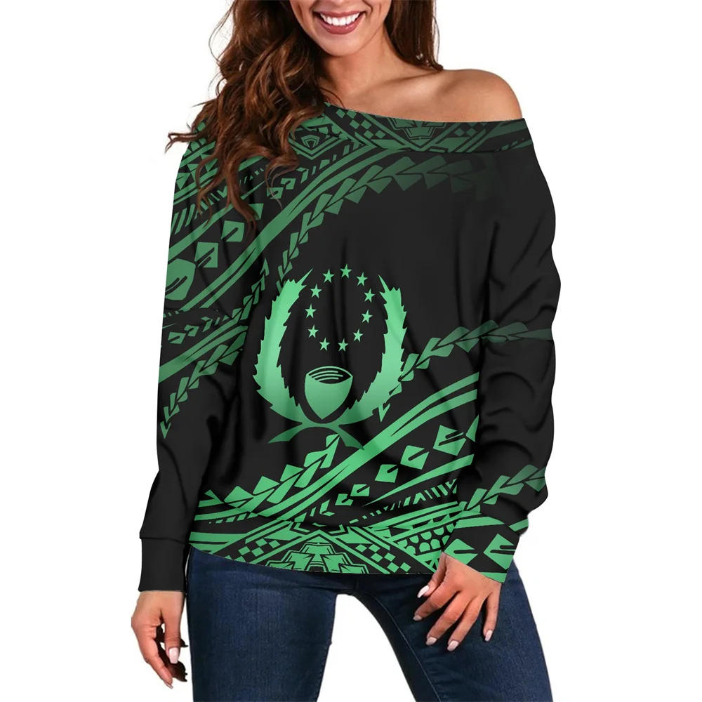Long Sleeve Polyester Polynesian Tribal Clothing Pohnpei Logo Black and Green Pattern Print Custom Oblique Shoulder Blouse Tops
Long Sleeve Polyester Polynesian Tribal Clothing Pohnpei Logo Black and Green Pattern Print Custom Oblique Shoulder Blouse Tops