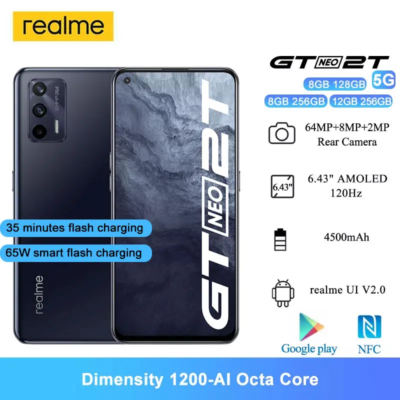 Realme GT Neo 2T 5G Cell Phones 6.43" AMOLED 120Hz Dimensity 1200-AI Octa Core Android Smartphones 4500mAh NFC 64MP
Realme GT Neo 2T 5G Cell Phones 6.43" AMOLED 120Hz Dimensity 1200-AI Octa Core Android Smartphones 4500mAh NFC 64MP