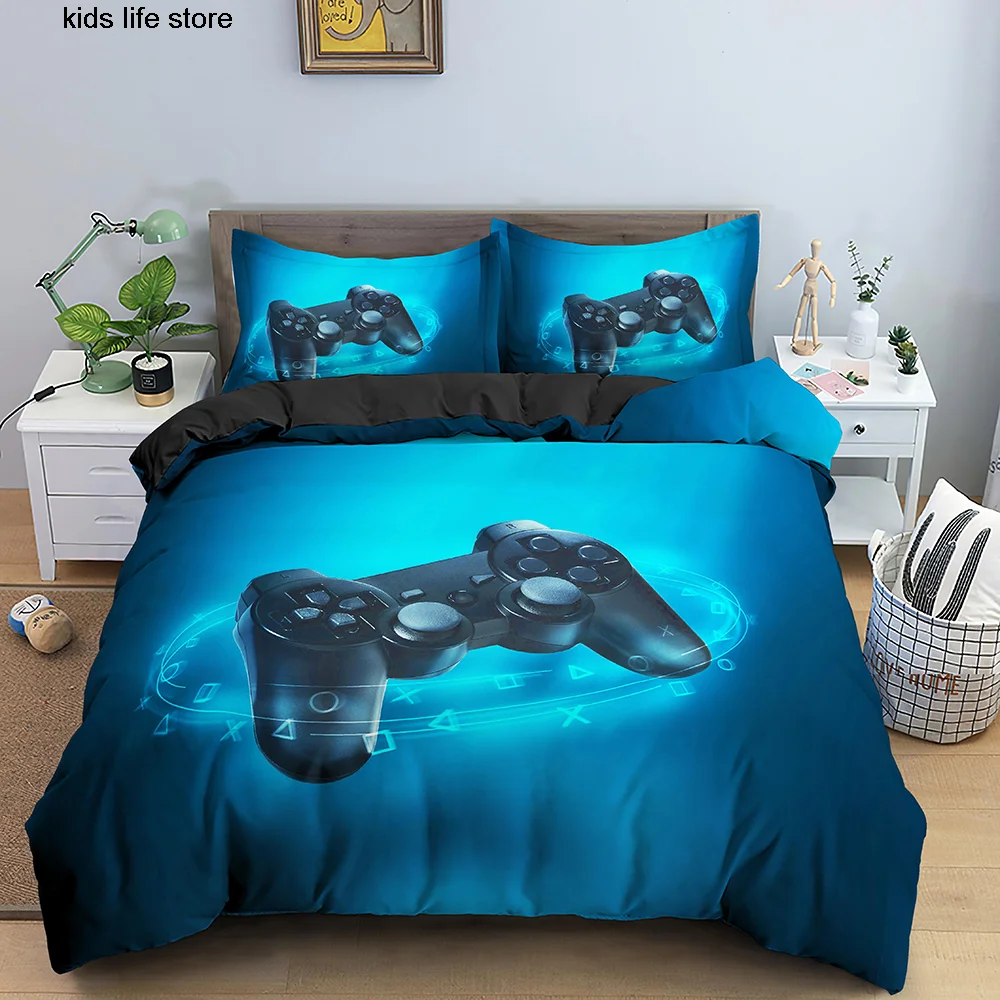 Голубой комплект постельного белья с играми роскошный пододеяльник наволочкой