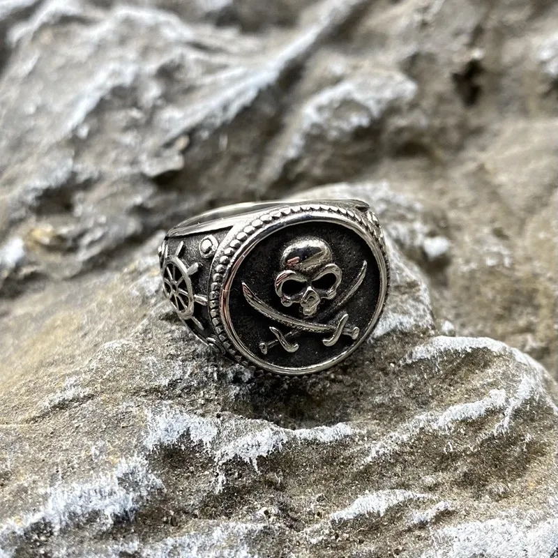 

Pirate Skull Vintage Stainless Steel Ring Domineering Skeleton Double Knife Men Gothic Jewelry Punk Rudder Gold Color Wholesale
