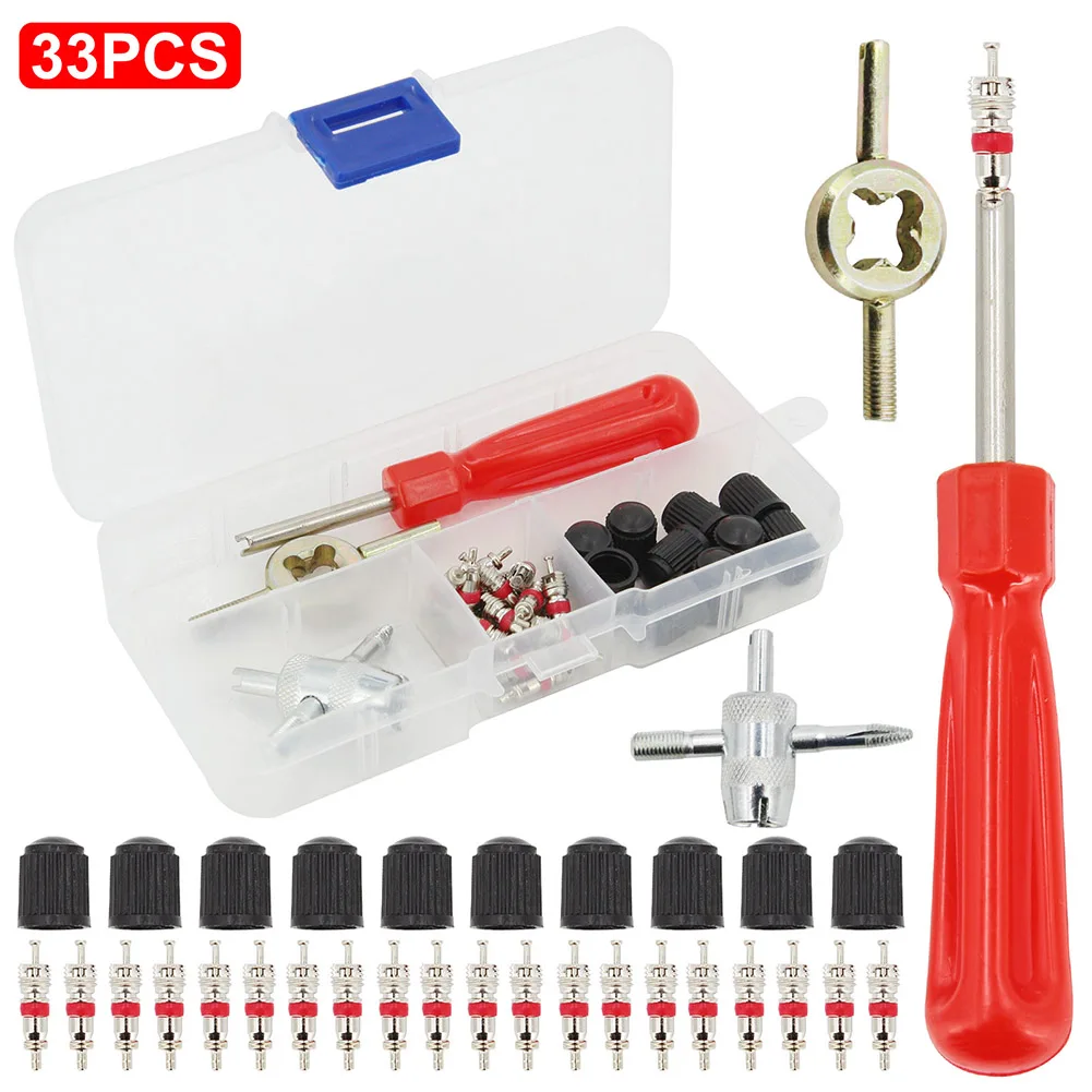 

33PCS Car Tire Repair Install Tools Car Bicycle Slotted Handle Tire Valve Stem Core Remover Screwdriver Universal Repair Tools