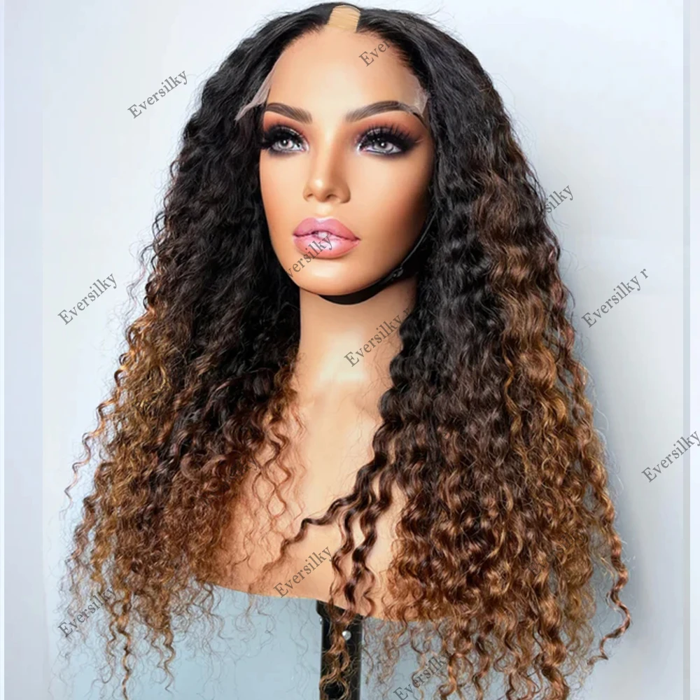 

Glueless Ombre Honey Blonde Kinky Curly U Part Wigs 100% Human Hair Highlight Brown Water Wave V Shape Wig with Clips Full End