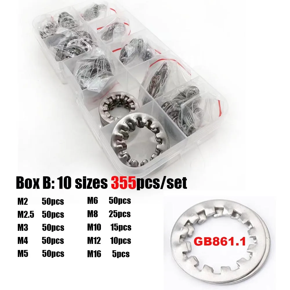 315/355 шт./компл. M2 M2,5 до M16 из нержавеющей стали 304, внешняя внутренняя зубчатая зубчатая стопорная шайба, набор прокладок, коробка
315/355 шт./компл. M2 M2,5 до M16 из нержавеющей стали 304, внешняя внутренняя зубчатая зубчатая стопорная шайба, набор прокладок, коробка