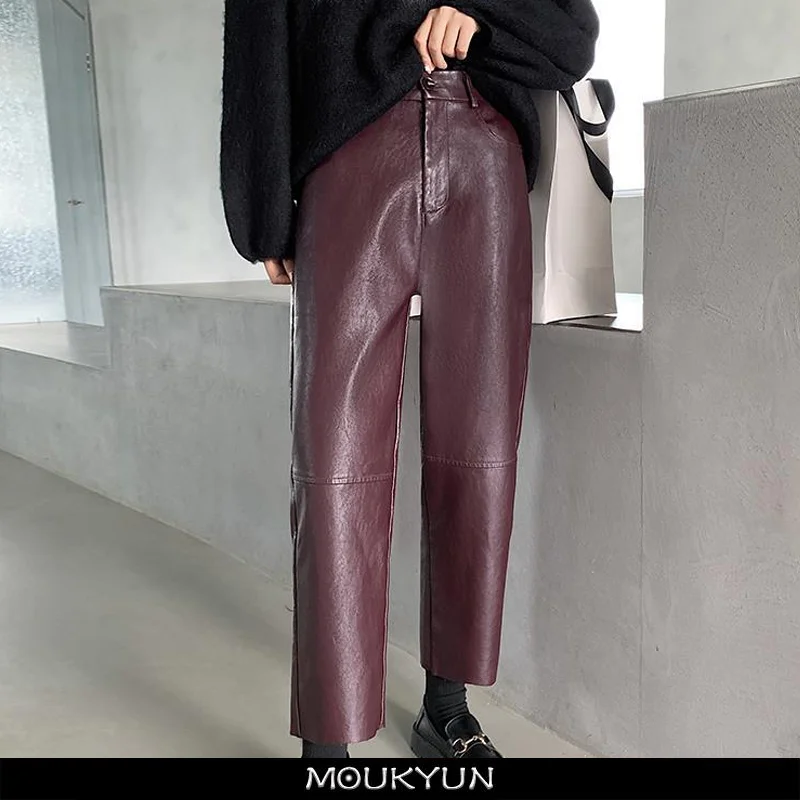 

MOUKYUN Black Leather Pants Women Wide Leg Trousers Korean Fashion Y2k Straight Leg Pants High Waisted Burgundy Pu Baggy Pants