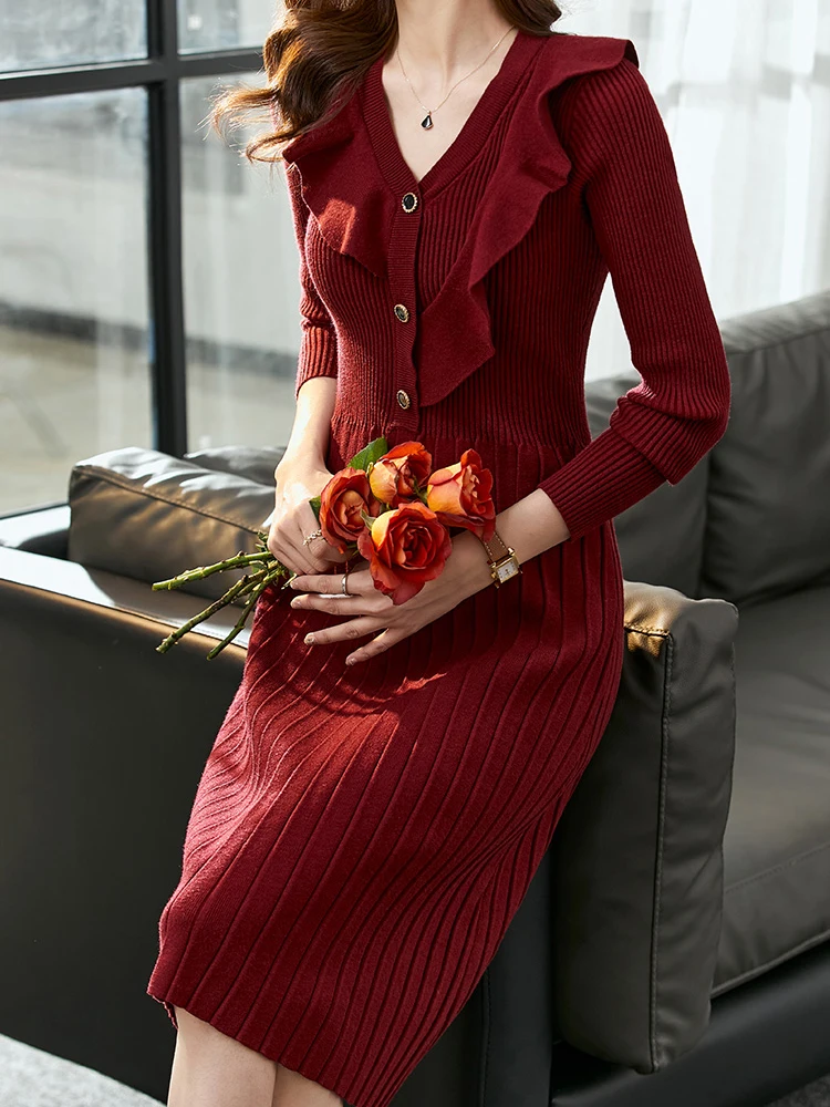 Vimly Elegant Knitted Sweater Dress for Women 2022 Winter Fashion V-neck Ruffles Long Sleeve Black Midi Dress Knitwears 71207
Vimly Elegant Knitted Sweater Dress for Women 2022 Winter Fashion V-neck Ruffles Long Sleeve Black Midi Dress Knitwears 71207
