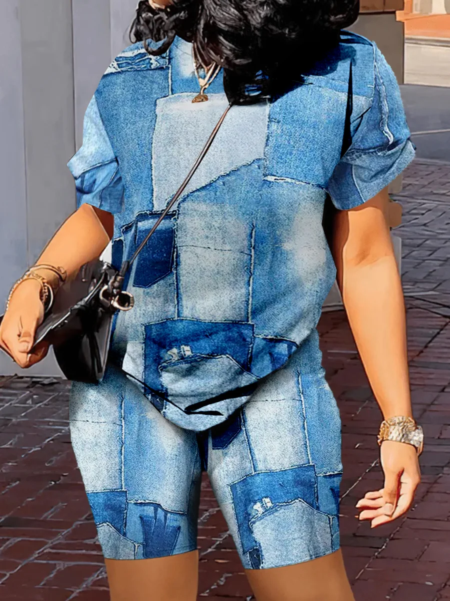 LW Color Block Imitation Denim Two Pieces Shorts Suits Crew Neck Pullover T-shirt&Stretch Casual Shorts Set Trendy 2pcs Outfits
LW Color Block Imitation Denim Two Pieces Shorts Suits Crew Neck Pullover T-shirt&Stretch Casual Shorts Set Trendy 2pcs Outfits