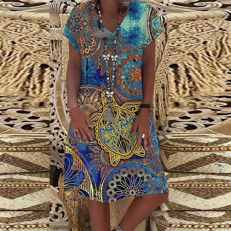 Summer New Fashion Women Deep V Neck Short Sleeve Women Casual Plus Size Loose Mandala Turtle Printed Dress Xs-8Xl
Summer New Fashion Women Deep V Neck Short Sleeve Women Casual Plus Size Loose Mandala Turtle Printed Dress Xs-8Xl