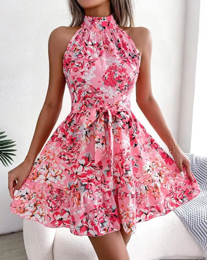 

2023 Summer New Fashion Casual Popular Women's Sleeveless Mock Neck Ditsy Floral Print Tied Detail Ruffle Hem Mini Dress