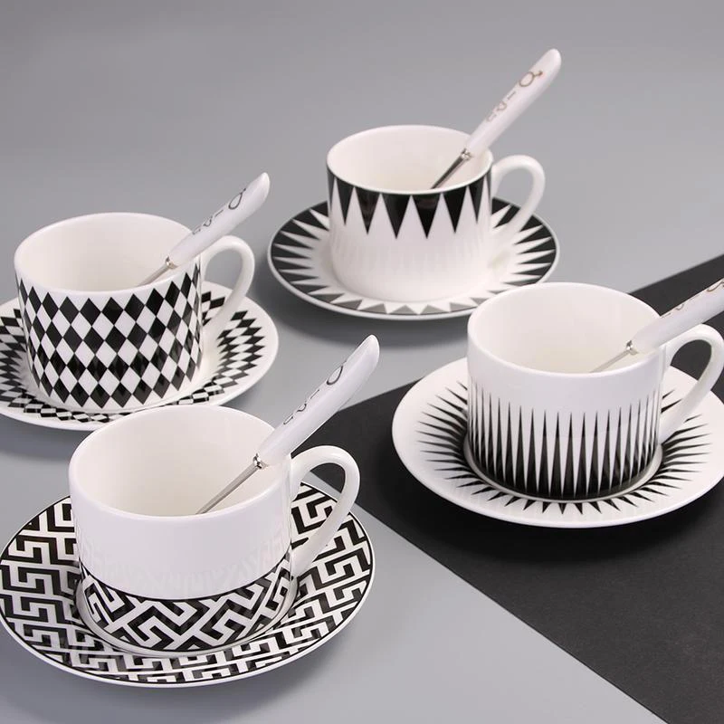 Black and white geometric ceramic water cup office coffee cup afternoon tea kitchen with teaspoon
Black and white geometric ceramic water cup office coffee cup afternoon tea kitchen with teaspoon
