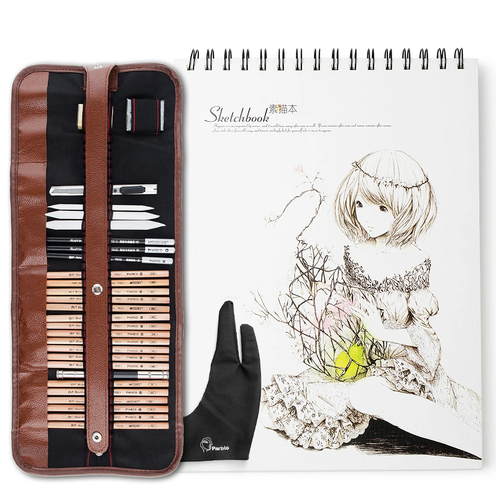 

Marco 29 шт. профессиональный набор инструментов для рисования скетчей с графитовыми карандашами, угольные карандаши, бумага, стираемая ручка, нож для рукоделия