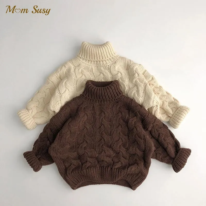 

Baby Boy Girl Knitted Sweater Twisted Stripes Autumn Winter Spring Child Turtleneck Sweater Pullover Solid Baby Clothes 1-7Y