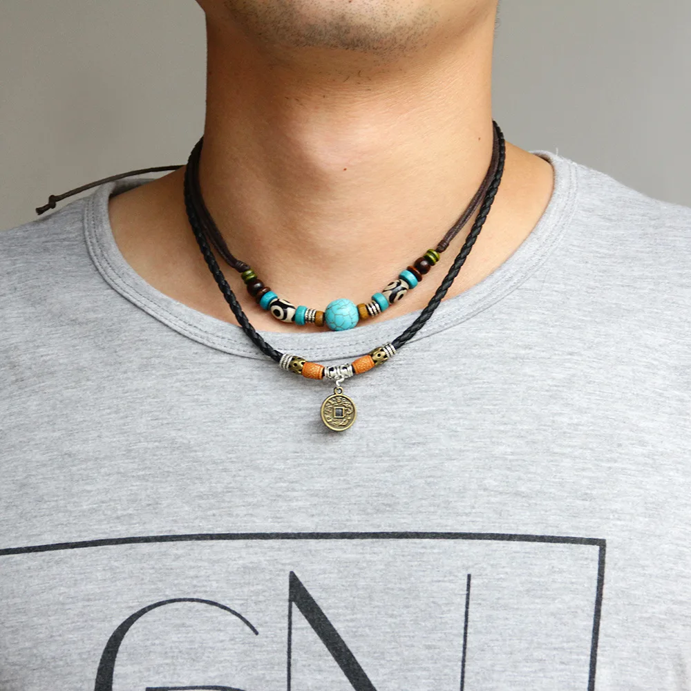 

Boho Natural Turquoise Bead Pendent Necklace For Men Initial Coin Long Necklaces Summer Aesthetic Jewelry Gift