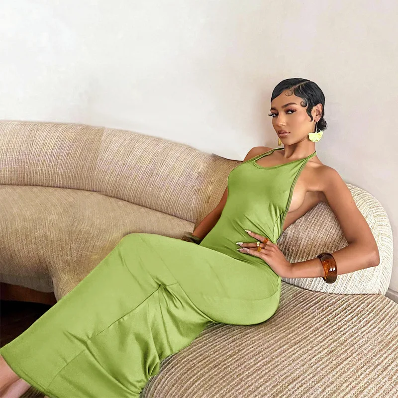 Solid Color Women Party Dress Knit Sleeves Halter Design Slim Waist Maxi Dresses Summer Sexy Backless 
Solid Color Women Party Dress Knit Sleeves Halter Design Slim Waist Maxi Dresses Summer Sexy Backless