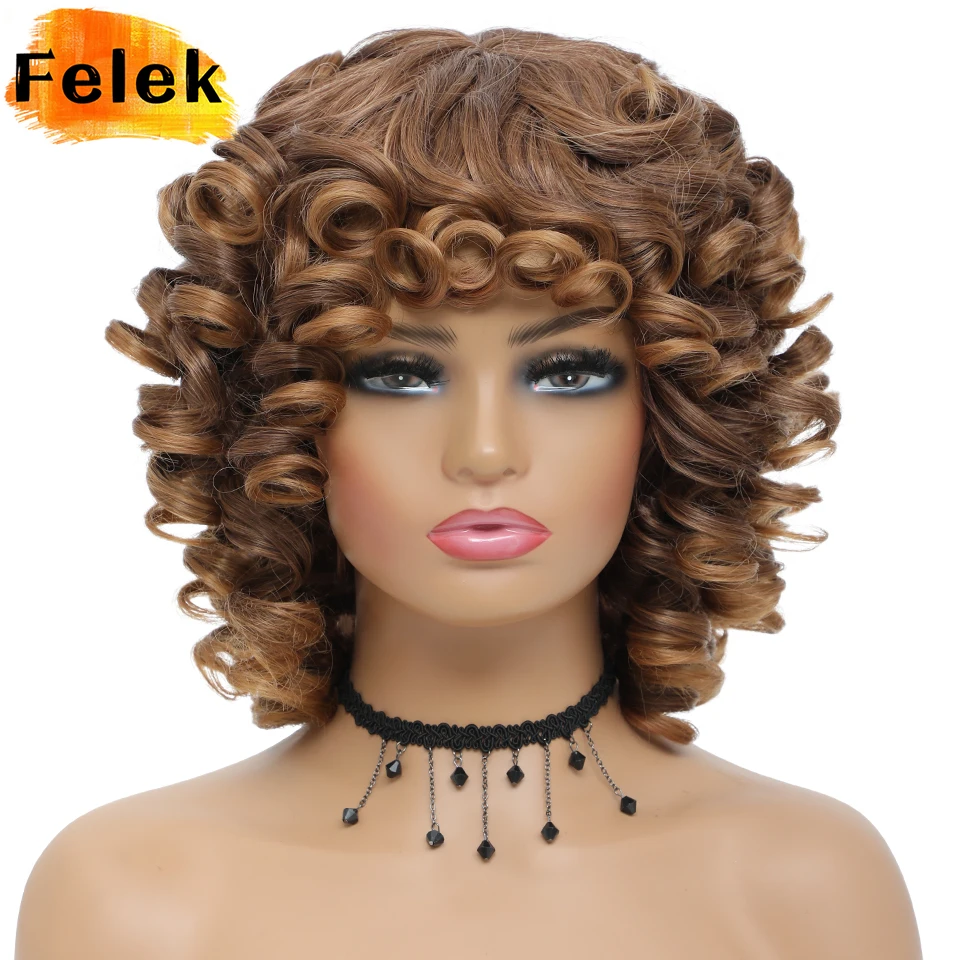 

Short Hair Afro Kinky Curly Wigs With Bangs For Black Women Natural Synthetic Ombre Glueless Blonde Pink Red Cosplay Bob Wigs