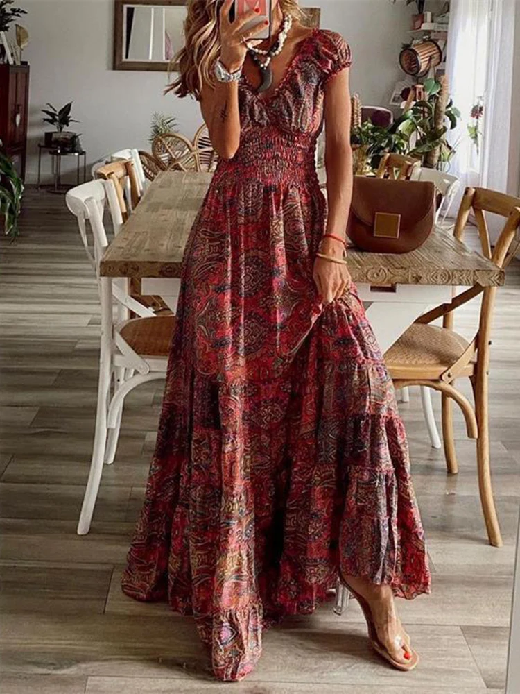 Summer Vintage Floral Print Bohemian Dress Women Elegant V-neck Short Sleeve Casual Loose A-line Ladies Long Dresses Robe Femme
Summer Vintage Floral Print Bohemian Dress Women Elegant V-neck Short Sleeve Casual Loose A-line Ladies Long Dresses Robe Femme