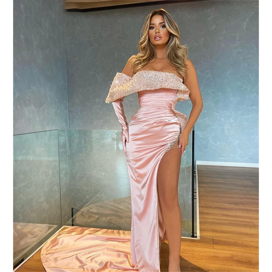 

Женское вечернее платье с открытыми плечами Kadisua, розовое пикантное платье до пола с высоким разрезом, блестками и бисером, женское платье без рукавов для вечеринки