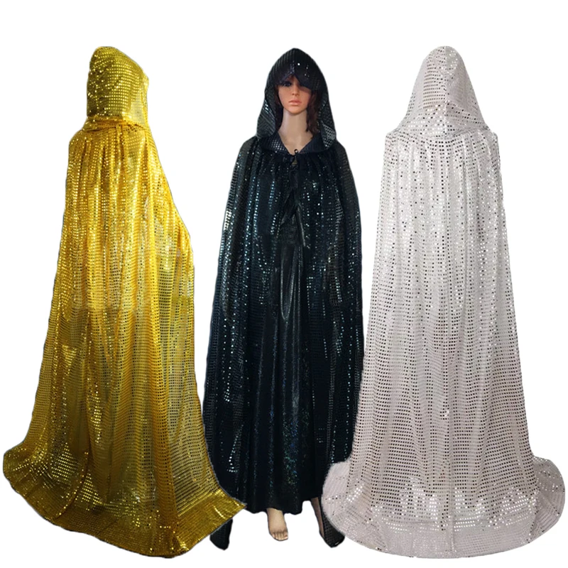 

Adult Gothic Sequins Hooded Cloak Cape Costume Cosplay Wicca Robe Witch Cape Halloween Costumes Vampires Stage Fancy Party