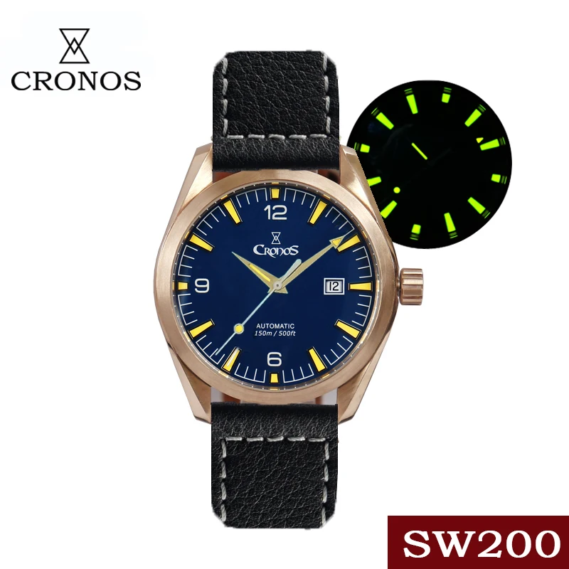 Cronos Men's Bronze Diver Watch 42mm Black Dial Sapphire SW200 Automatic Movement Leather Strap Luminous 150M Water Resistant
Cronos Men's Bronze Diver Watch 42mm Black Dial Sapphire SW200 Automatic Movement Leather Strap Luminous 150M Water Resistant