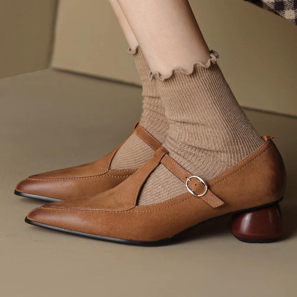

Туфли-лодочки женские из натуральной кожи, заостренный носок, без застежек, Т-образный ремешок, Ретро стиль, OL стиль, классические туфли на каблуке, фотообувь 34-43