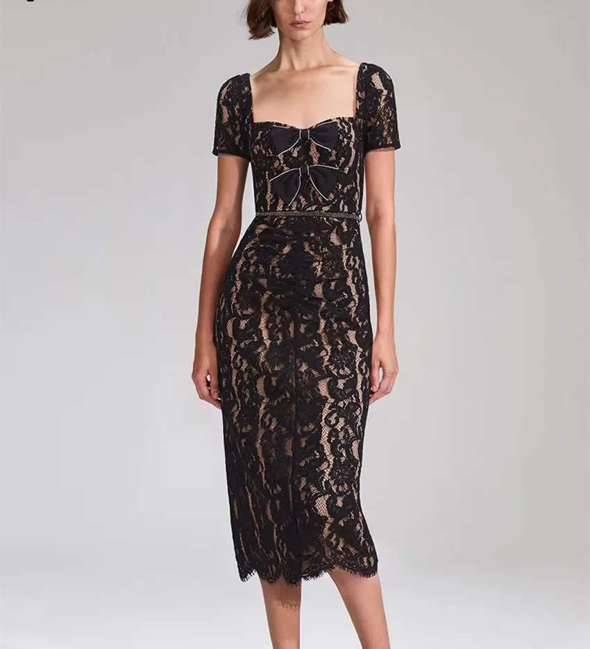 

Женское Облегающее кружевное платье, модельное Элегантное Черное ажурное платье миди с квадратным вырезом, бантом, коротким рукавом и разрезом, лето 2023