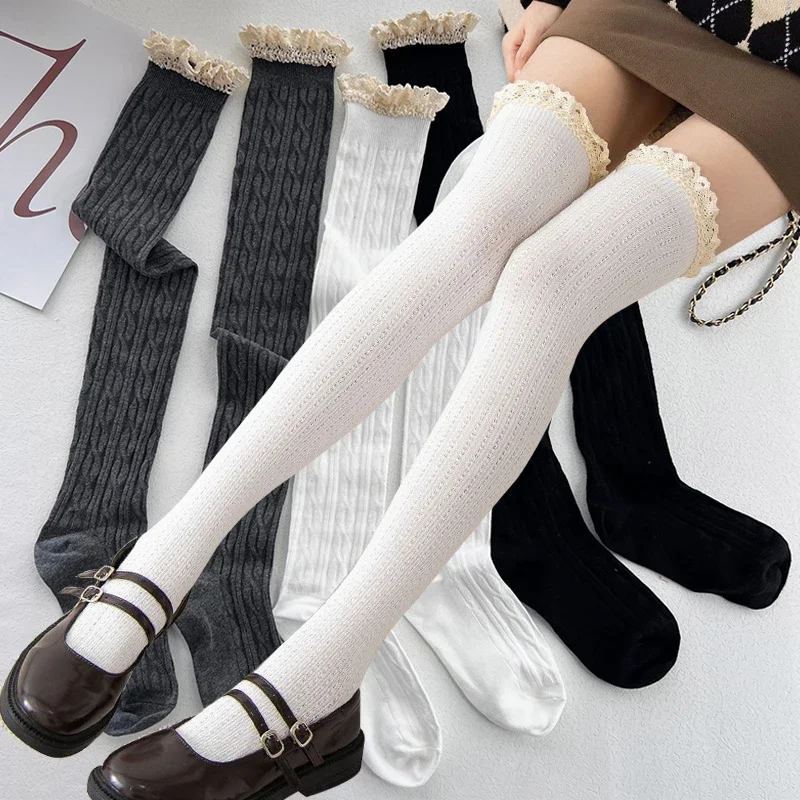 

Модные женские винтажные кружевные носки JK, чулки в стиле "Лолита", вязаные элегантные однотонные зимние теплые Чулочные изделия с узором для девочек